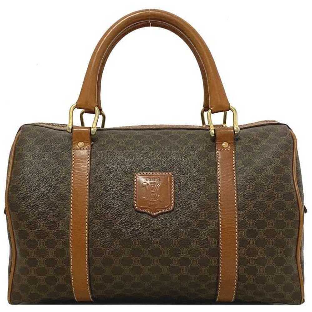 Celine Boston Bag Brown Macadam Handbag Leather Logo All over Zipper Travel
